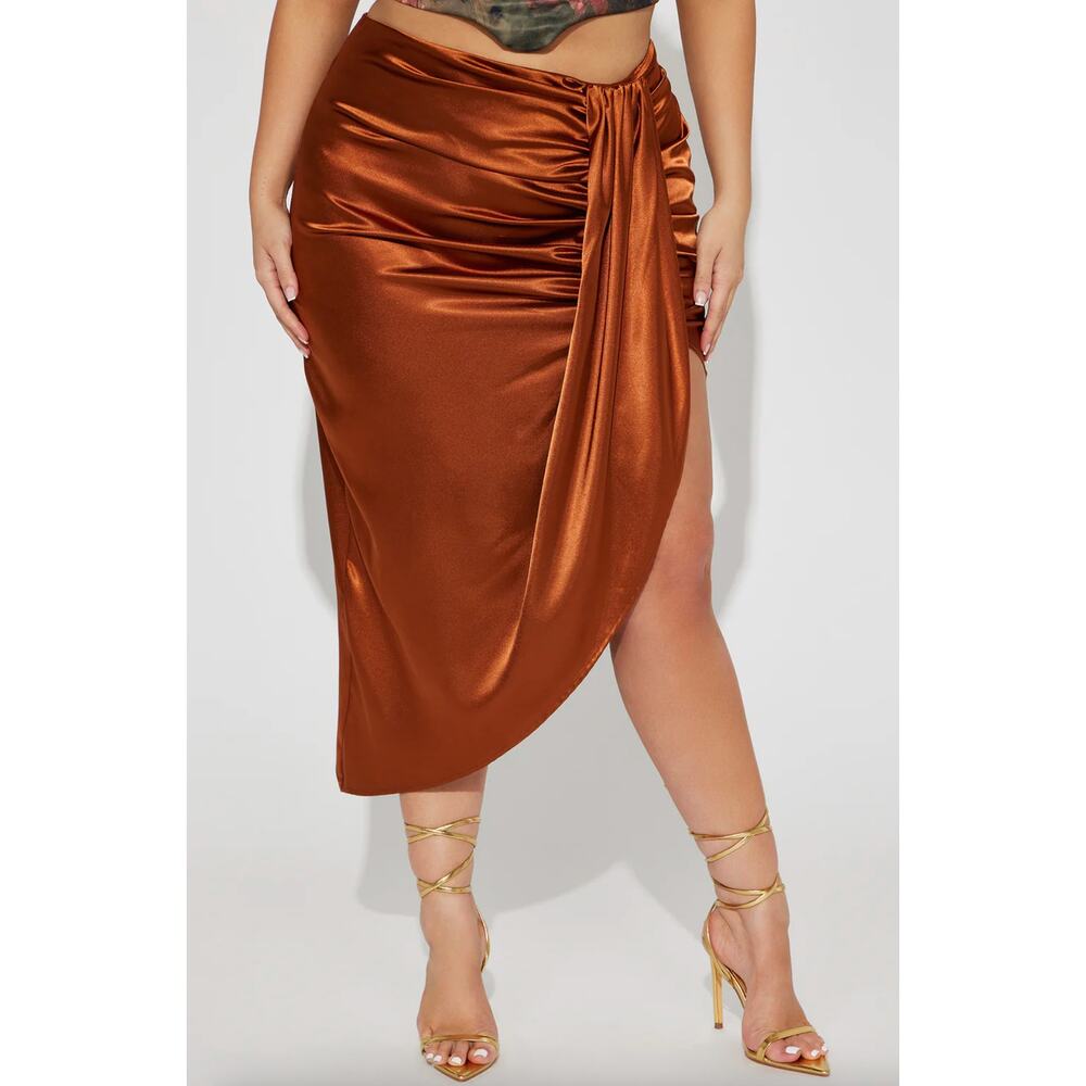 2/$30 NWT Fashion Nova Valencia Wrap Satin Midi Skirt Bronze Plus Size 2X